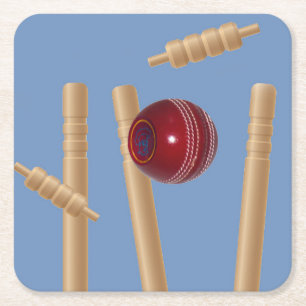 Cricketbal op blauwe verpletterende cricketstronke kartonnen onderzetters