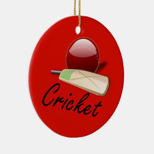 Cricketbat en bal, gelabeld, keramisch ornament (Rechts)