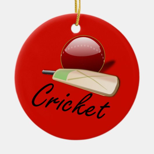 Cricketbat en bal, gelabeld, keramisch ornament (Voorkant)