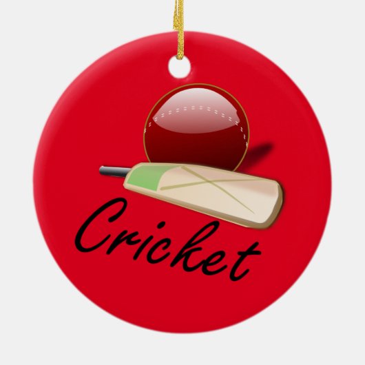 Cricketbat en bal, gelabeld, keramisch ornament (Achterkant)