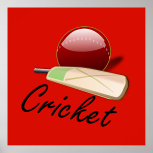 cricketknuppel en -bal, voorzien van een etiket, poster