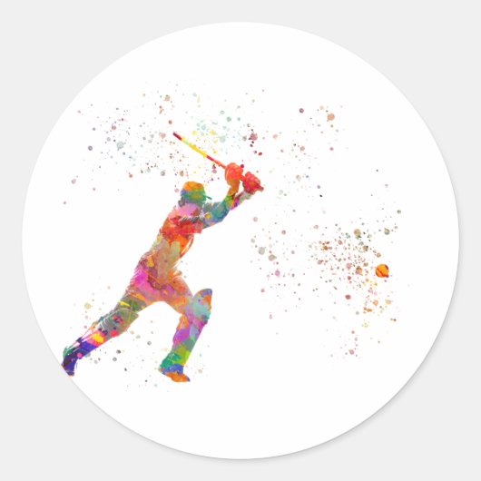 Cricketspeler in waterverf ronde sticker (Voorkant)