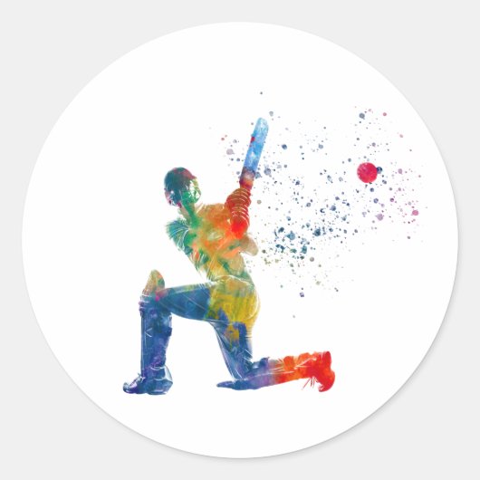 Cricketspeler in waterverf ronde sticker (Voorkant)