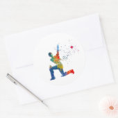 Cricketspeler in waterverf ronde sticker (Envelop)