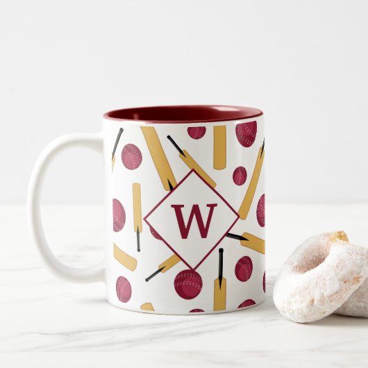 Cricketspeler Monogram Tweekleurige Koffiemok (Met donut)
