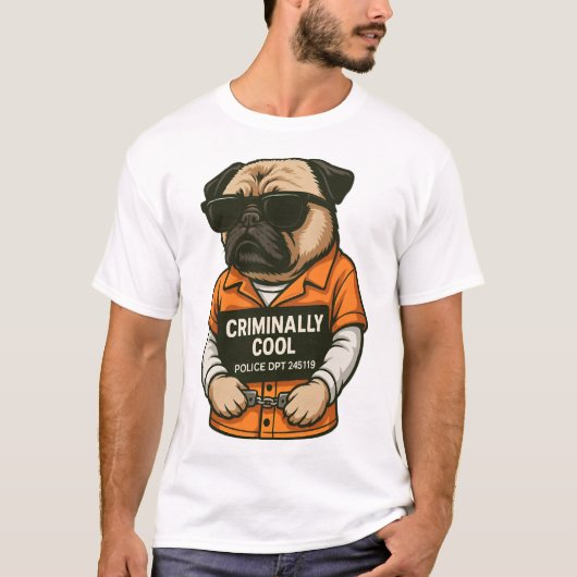 Criminally Cool Pug � Funny Mugshot Dog Design T-shirt (Voorkant)