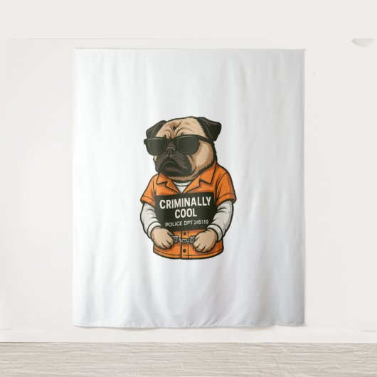 Criminally Cool Pug – Funny Mugshot Dog Design Wandkleed (Voorkant)