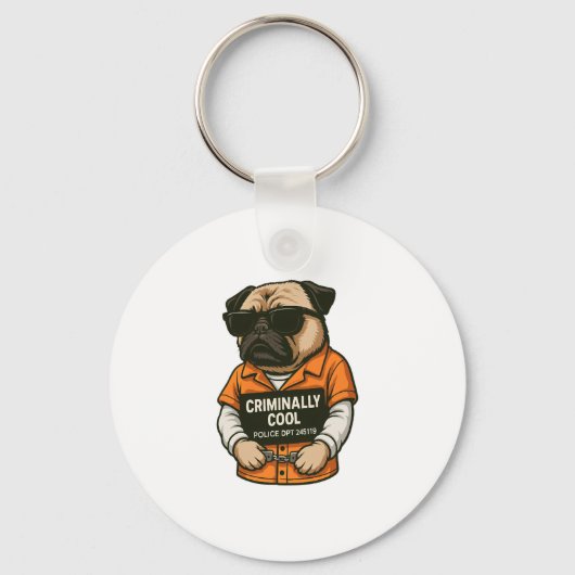 Crimineel Cool Pug � Grappig Mugshot Dog Design Sleutelhanger (Voorkant)