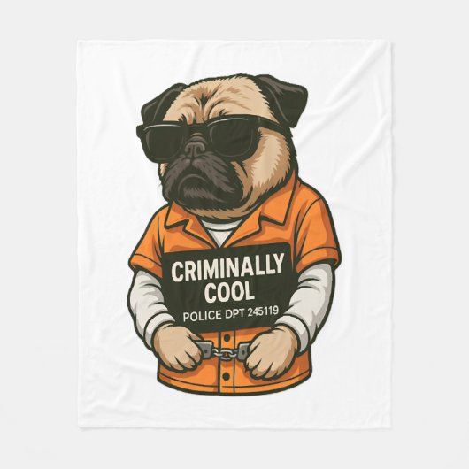 Crimineel Coole Pug � Grappig Mugshot Hond Design Fleece Deken (Voorkant)