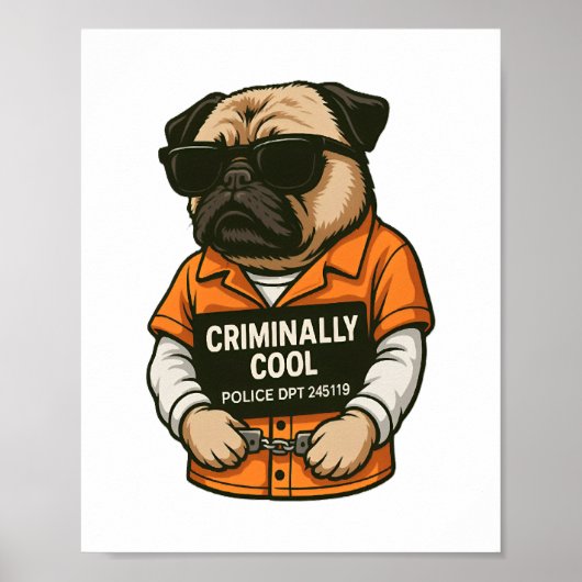Crimineel Coole Pug – Grappig Mugshot Hond Design Poster (Voorkant)