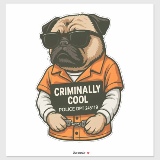 Crimineel Coole Pug � Grappig Mugshot Hond Design Sticker (Vel)