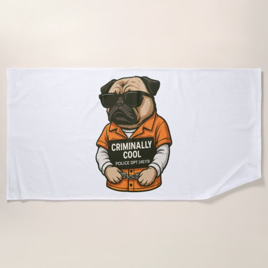Crimineel Coole Pug – Grappig Mugshot Hond Design Strandlaken (Voorkant)