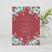 Crimson Aqua Bloom Bruiloft Kaart (Staand voorkant)