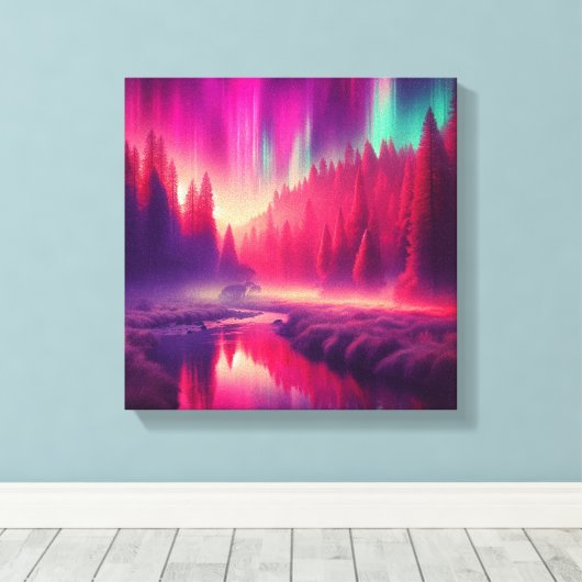 Crimson Aurora Over Enchanted Forest Valley Canvas Afdruk (Insitu (Houten vloer))