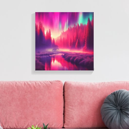 Crimson Aurora Over Enchanted Forest Valley Canvas Afdruk (Insitu (Woonkamer))