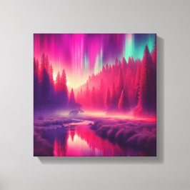 Crimson Aurora Over Enchanted Forest Valley Canvas Afdruk