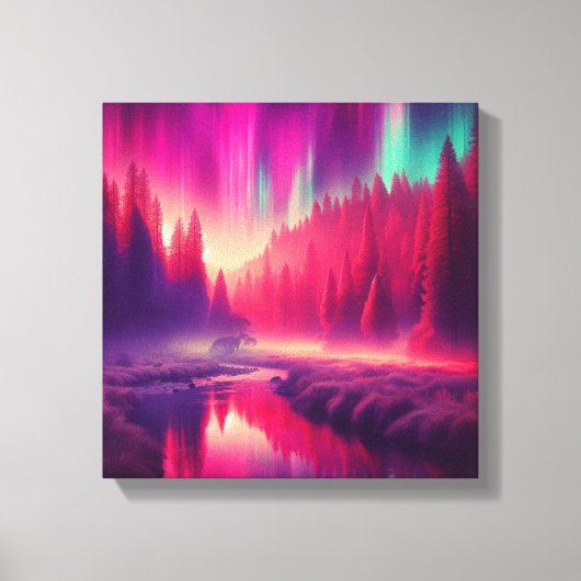 Crimson Aurora Over Enchanted Forest Valley Canvas Afdruk (Voorkant)