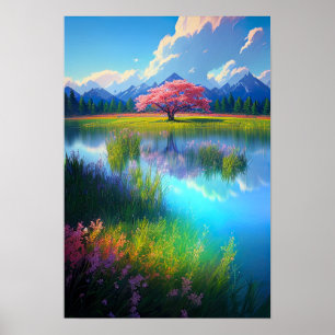 Crimson Beauty, Red Tree bij het Azure Lake Poster