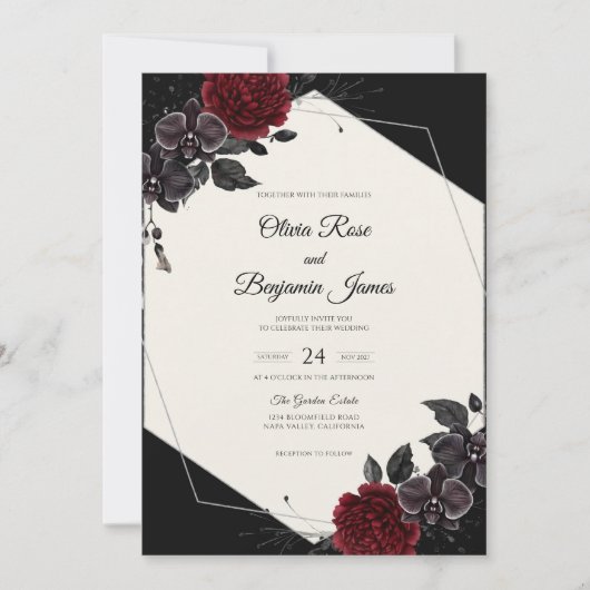 Crimson Black Bloom Bruiloft Kaart (Voorkant)