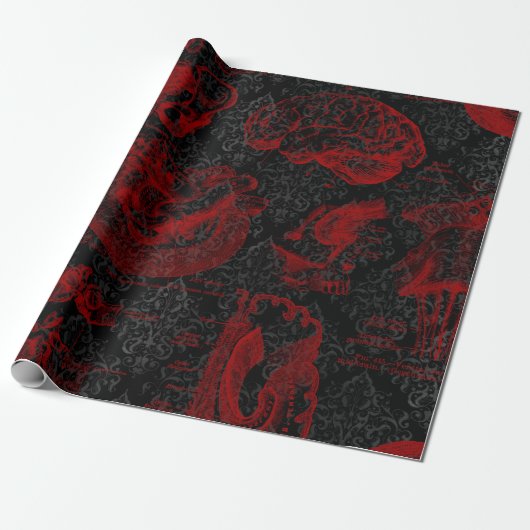 Crimson & Black Damask patterned Vampyre Anatomy Cadeaupapier (Uitgerold)