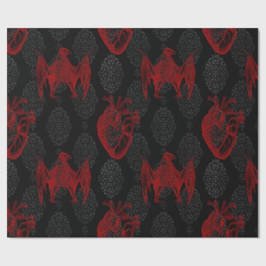 Crimson & Black Hearts en vleermuizen Cadeaupapier (Vlak)