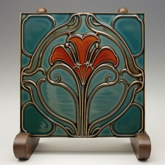 Crimson Bloom Art Nouveau Tegeltje