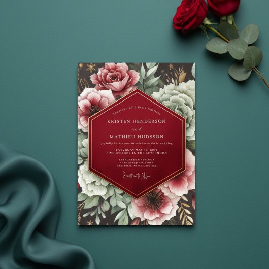 Crimson Bloom Romance Wedding Kaart