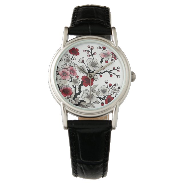 Crimson Blossom Elegance - Japans geïnspireerde fl Horloge (Voorkant)