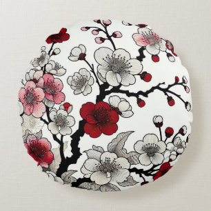 Crimson Blossom Elegance - Japans geïnspireerde fl Rond Kussen