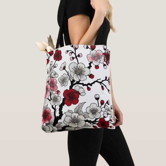 Crimson Blossom Elegance - Japans geïnspireerde fl Tote Bag (Dichtbij)