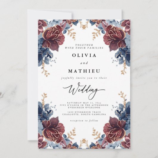 Crimson Blue Floral Romance bruiloft Kaart (Voorkant)