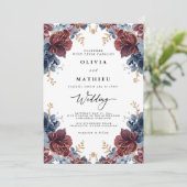 Crimson Blue Floral Romance bruiloft Kaart (Staand voorkant)