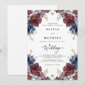 Crimson Blue Floral Romance bruiloft Kaart (Voorkant / Achterkant)