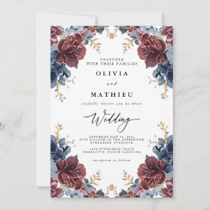 Crimson Blue Floral Romance bruiloft Kaart