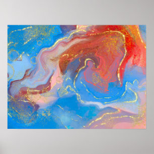 Crimson, Blush, Blue and Gold Marked Alcohol Ink Poster