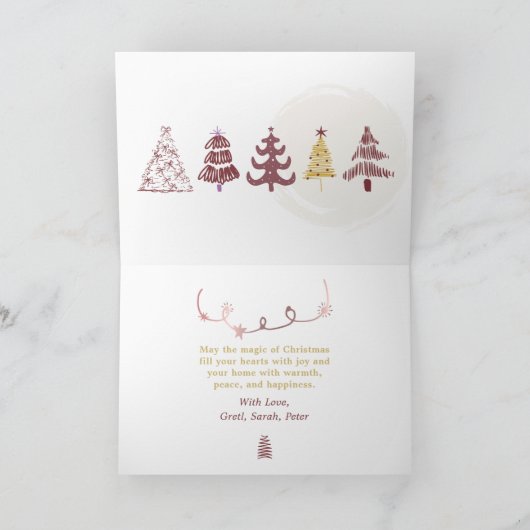 Crimson: Bow & Trees Doodles Holiday Gevouwen Kaar Kaart (Binnen)