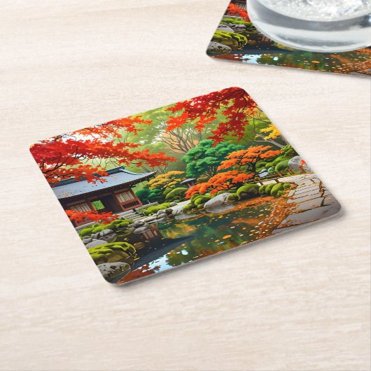 Crimson Cascade - Herfst in een Japanse tuin Kartonnen Onderzetters (Schuin)