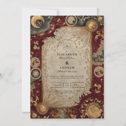 Crimson Celestial Baroque Wedding Kaart (Voorkant)