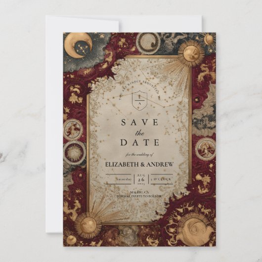 Crimson Celestial Baroque Wedding Save The Date (Voorkant)