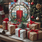 Crimson Christmas Candle Faux Stained Glas Ornament