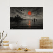 Crimson Descent - Sailboats Beneath the Dragon Sky Poster (Keuken)