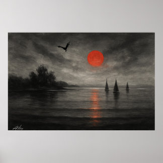 Crimson Descent - Sailboats Beneath the Dragon Sky Poster