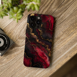 Crimson Dominion – Luxe Rood & Zwart Marmer iPhone 16 Hoesje