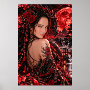 Crimson Dragon Dame Bloedmaan Fantasie Kunstposter Poster