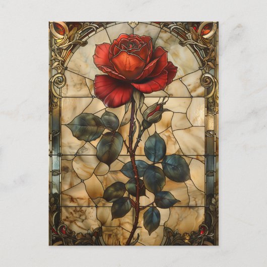 'Crimson Elegance' Glas in lood Red Rose Briefkaart (Voorkant)