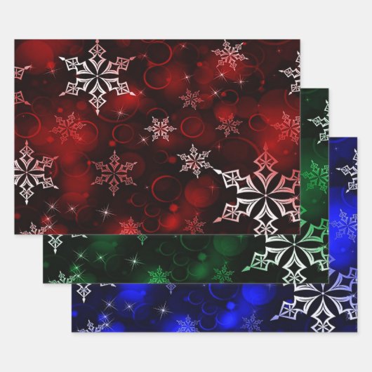 Crimson Emerald & Royal Blue Snowflake Pattern Inpakpapier Vel (Set)