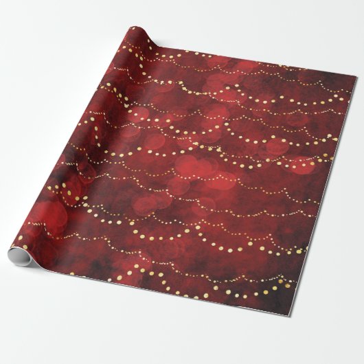 Crimson en Gold Fairy Lights Kerstmis Cadeaupapier (Uitgerold)
