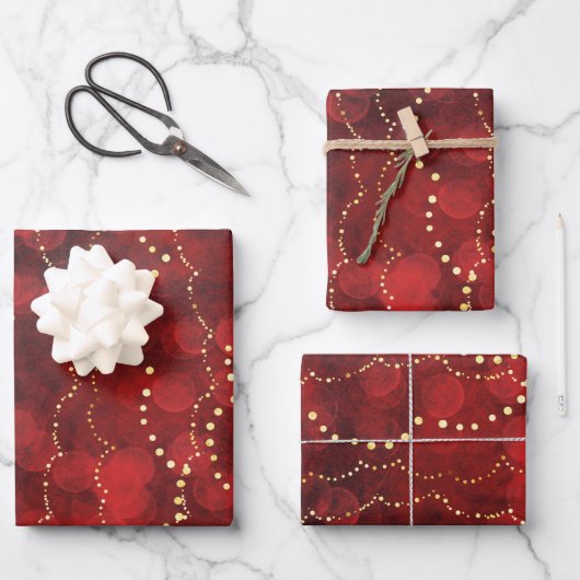 Crimson en Gold Fairy Lights Kerstmis Inpakpapier Vel (Voorkant)