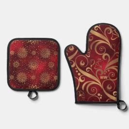 Crimson en gouden kerst ovenwant & pannenlap set