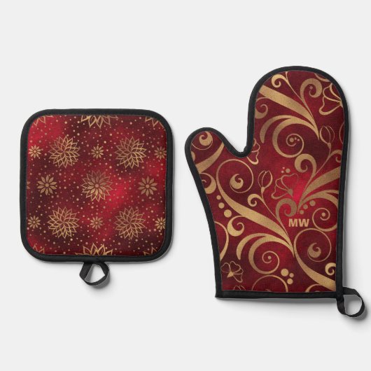 Crimson en gouden kerst ovenwant & pannenlap set (Voorkant)